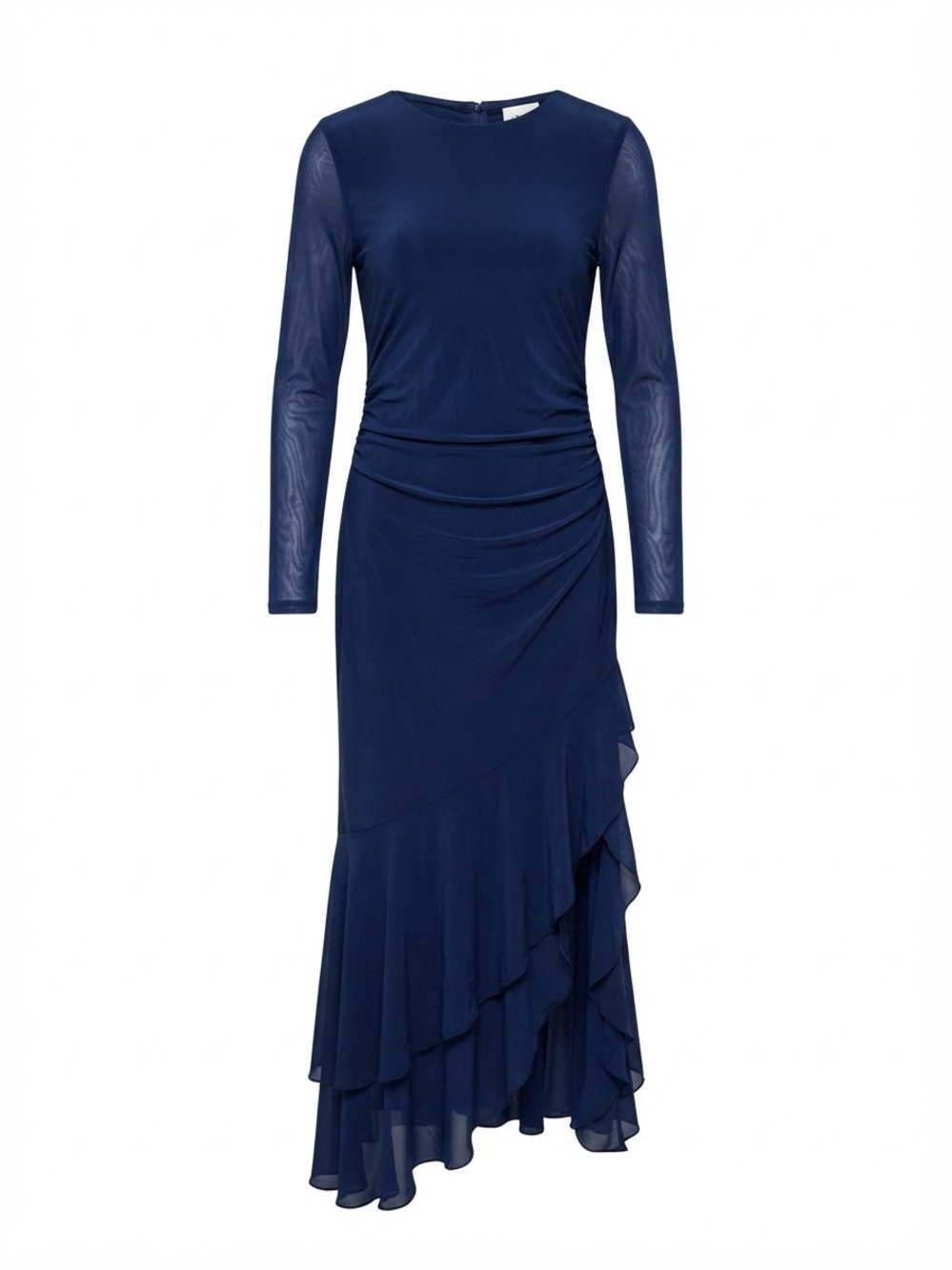Long Sleeve Navy Ruffle Asymmetric Midi Dress